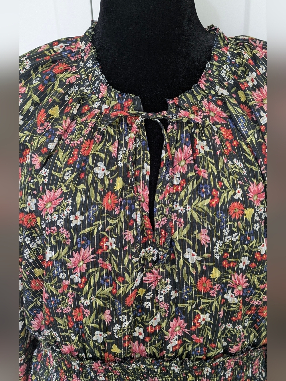 Old Navy Waist-Defined Floral Shine Boho Tie Neck Ruffled Mini Dress Sz XXL Euc - Picture 5 of 14